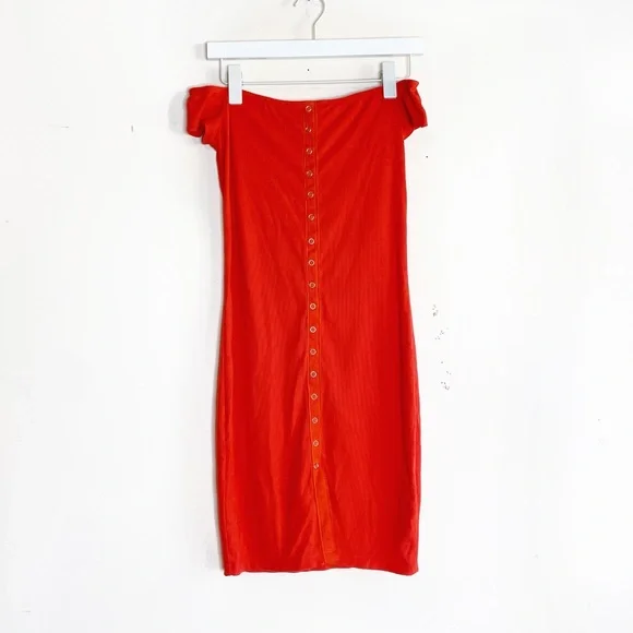 Guess | Dresses | Guess Orange Red Henley Ribbed Off Shoulder Button Down  Bodycon Dress | Poshmark